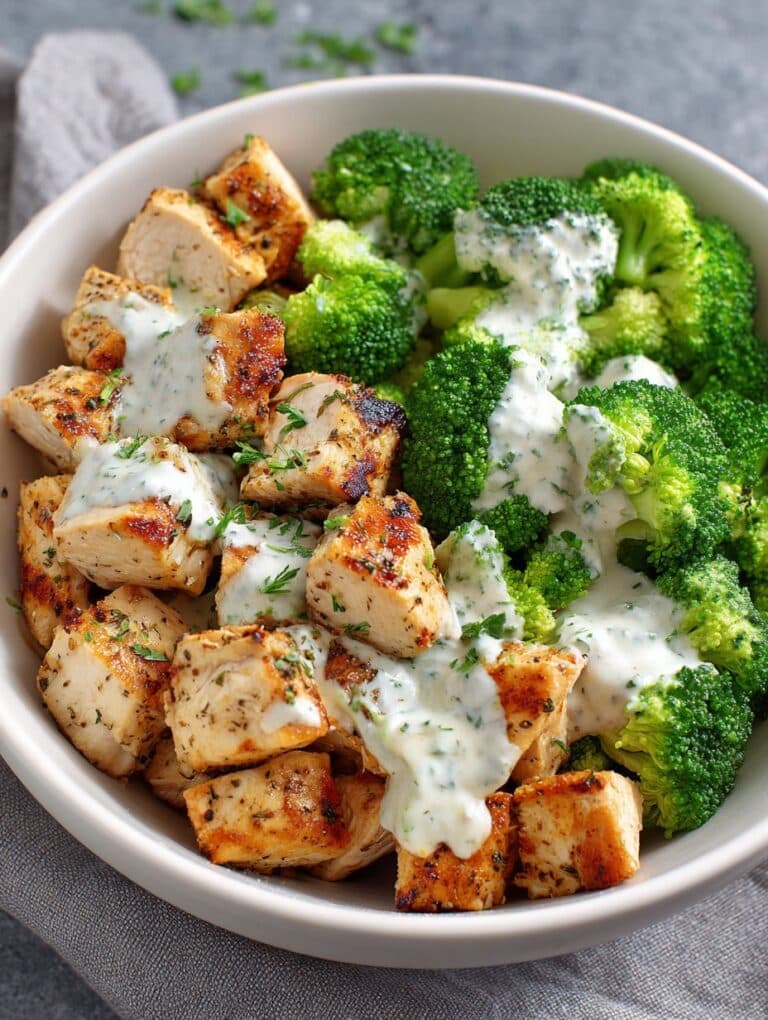 Grilled Chicken & Broccoli Bowls with Creamy Garlic Sauce