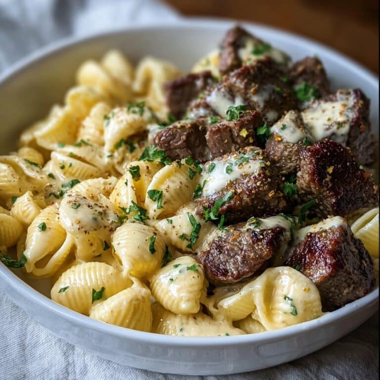 Steak Bites and Shell Pasta in Garlic Butter Alfredo Sauce