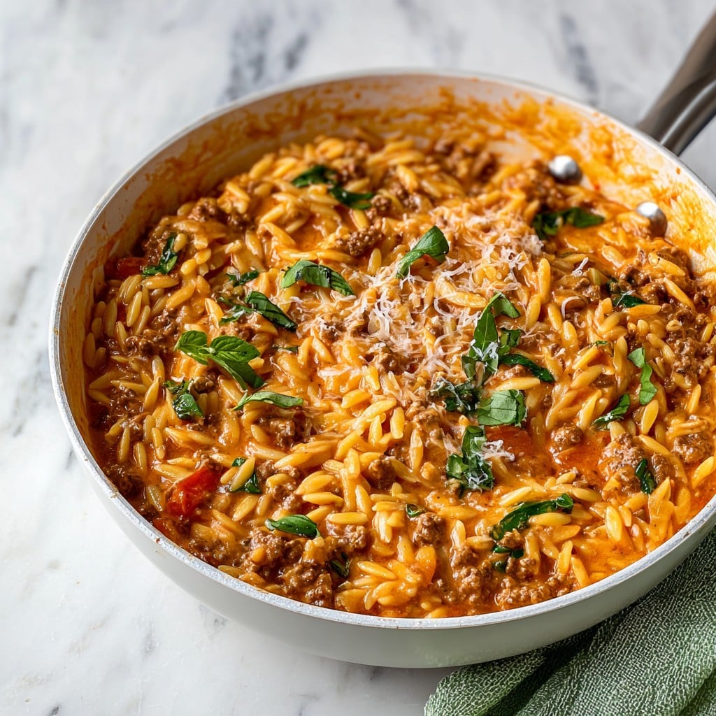 Ground Beef Orzo with Tomato Cream Sauce
