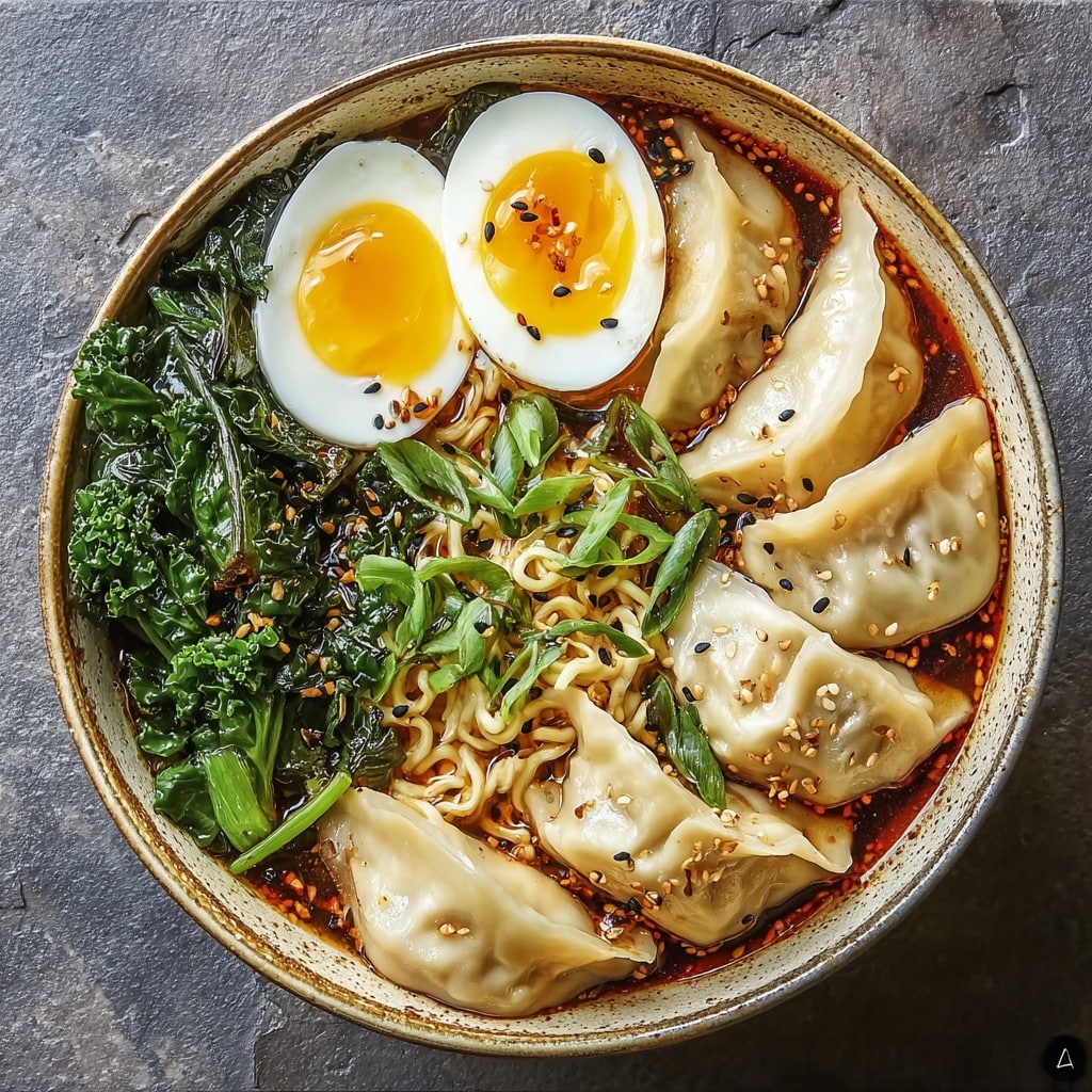 Savory Dumpling Ramen Bowl with Soft-Boiled Eggs—Cozy Dinner Idea