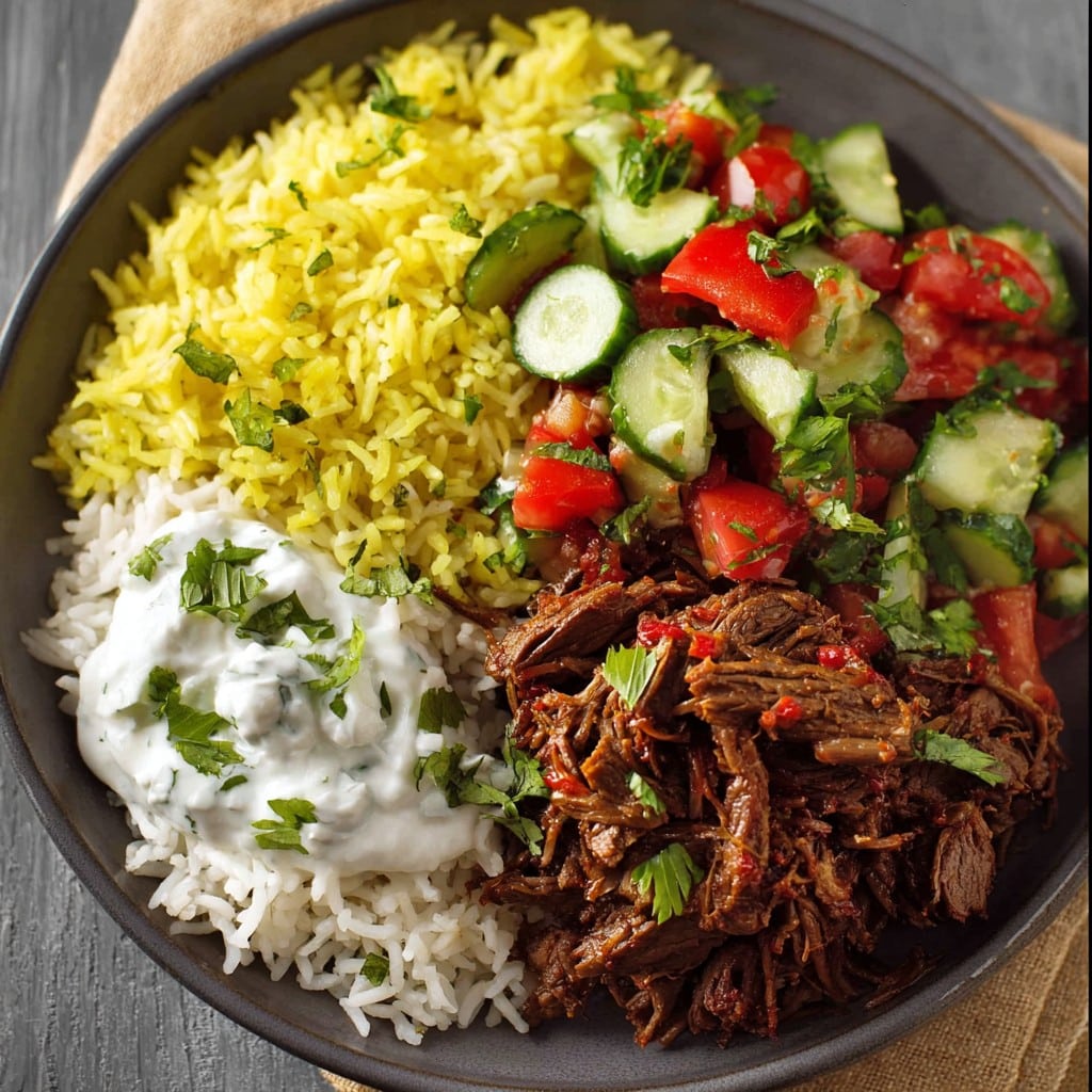 Basmati Rice with Slow Cooker Beef Shawarma and Cucumber Salad