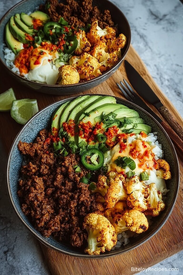 Crispy Chile Ground Beef and Cauliflower Protein Bowls