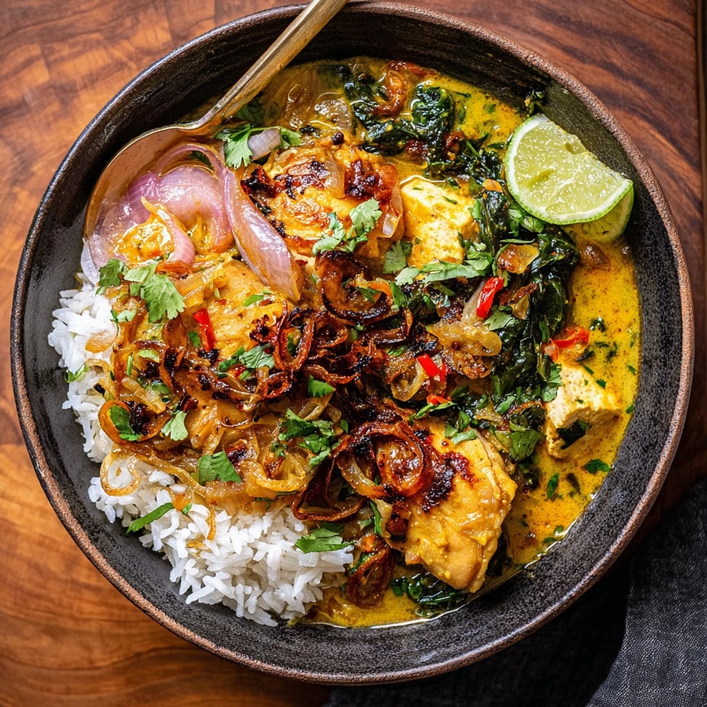 Crockpot Coconut Chicken Curry with Crispy Shallot Basil Oil