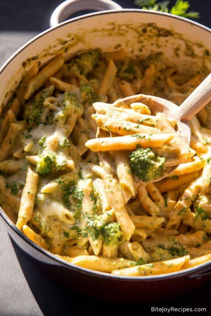 One Pot Broccoli Cheese Pesto Pasta